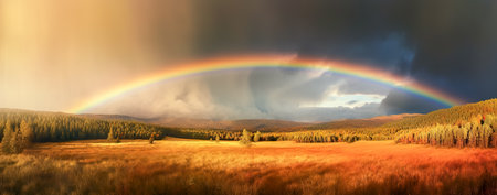 Bright rainbow column over a green field and forest. Rainbow after the rain. Summer landscape. Generative AIの素材