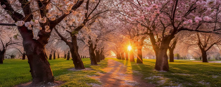 Cherry blossoms in full bloom at sunset in Washington DC.の素材