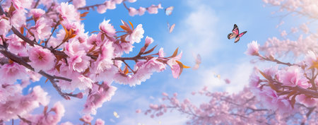 Beautiful pink sakura blossom with butterfly on blue sky backgroundの素材