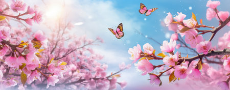 Spring background with blooming sakura tree and butterfly. Banner.の素材