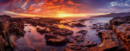 Beautiful sunset over the sea. Panoramic view of the rocks.の素材