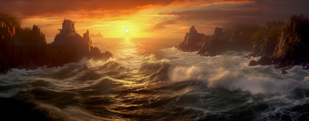 Beautiful seascape. Panoramic view of the sunset over the ocean. 3d renderingの素材