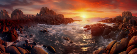 Beautiful seascape with rocks at sunset. 3D renderingの素材
