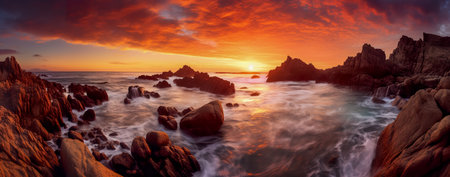 Beautiful sunset over the sea. Panoramic view of the rocky coast at sunset.の素材