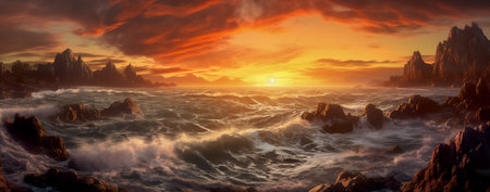 Fantasy landscape with rocks and sea at sunset. 3D illustrationの素材