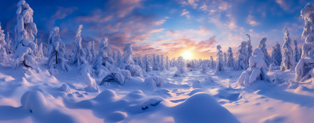 Frozen winter forest with snow covered trees at sunset. 3d renderの素材