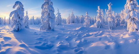 Winter landscape with snow covered trees and blue sky. Panorama.の素材