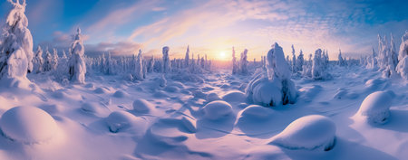 Winter landscape with snow covered trees at sunset. Panoramic image.の素材