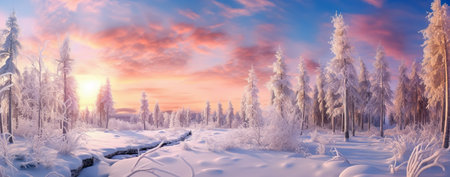 Winter landscape. Panoramic view of the winter forest at sunset.の素材