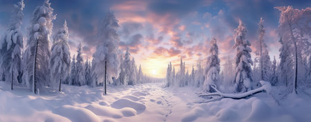 Frozen forest at sunset. Panoramic view. Winter landscape.の素材
