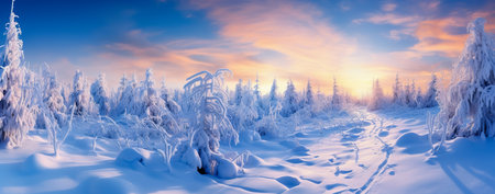 Beautiful winter landscape with snow covered trees at sunset. Panoramaの素材