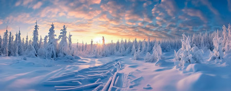 Beautiful winter landscape. Sunrise over the snow-covered forest.の素材