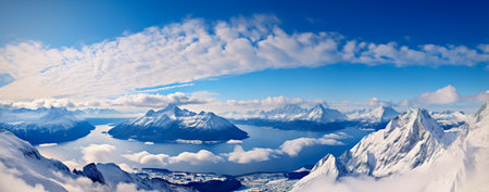 Fantastic panoramic view of snow-capped mountains and lakeの素材