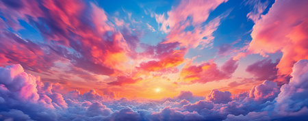 Sky sunset background panorama concept. Empty beautiful sky panoramic view twilight time. Generative AIの素材