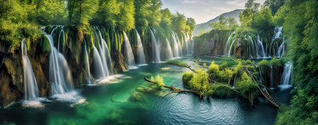 Panoramic beautiful deep forest waterfall. Generative AIの素材