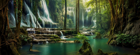 Panoramic beautiful deep forest waterfall. Generative AIの素材