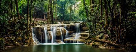 Panoramic beautiful deep forest waterfall. Generative AIの素材