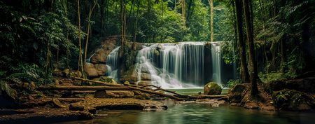 Panoramic beautiful deep forest waterfall. Generative AIの素材