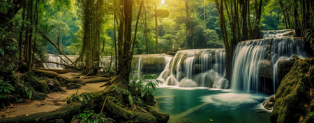 Panoramic beautiful deep forest waterfall. Generative AIの素材
