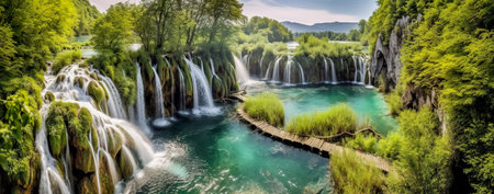 Panoramic beautiful deep forest waterfall. Generative AIの素材