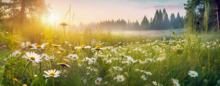View of beautiful flower field in sunset time. Generative AIの素材