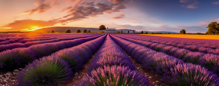 View of beautiful flower field in sunset time. Generative AIの素材