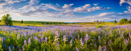 View of beautiful flower field in sunset time. Generative AIの素材