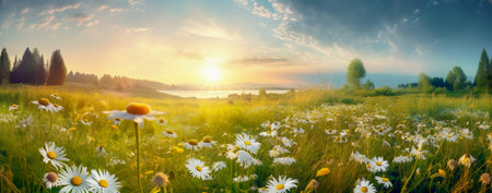 View of beautiful flower field in sunset time. Generative AIの素材