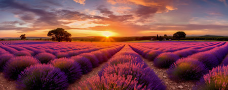 View of beautiful flower field in sunset time. Generative AIの素材