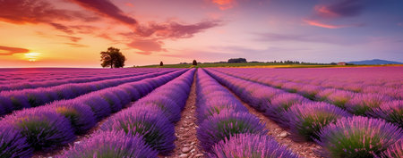 View of beautiful flower field in sunset time. Generative AIの素材
