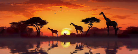 An African safari animal silhouette landscape scene. Generative AIの素材