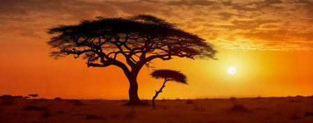 An African safari animal silhouette landscape scene. Generative AIの素材
