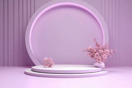 Realistic purple 3D cylinder pedestal podium background. Abstract minimal scene for products stage showcase. Generative AIの素材