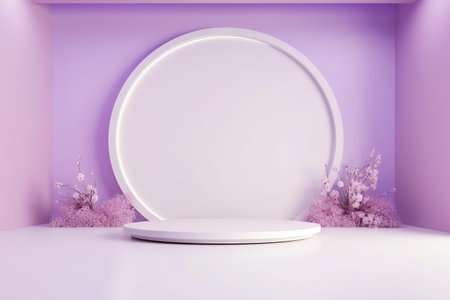 Realistic purple 3D cylinder pedestal podium background. Abstract minimal scene for products stage showcase. Generative AIの素材