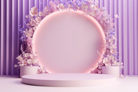 Realistic purple 3D cylinder pedestal podium background. Abstract minimal scene for products stage showcase. Generative AIの素材