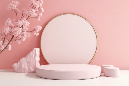 Modern background platform with pink glass podium. stand show cosmetic product. Generative AIの素材