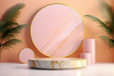 Modern background platform with pink glass podium. stand show cosmetic product. Generative AIの素材