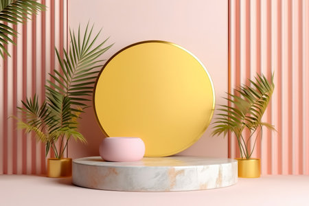 Modern background platform with pink glass podium. stand show cosmetic product. Generative AIの素材