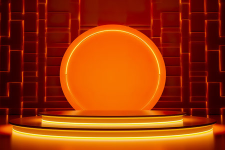 Modern background platform with orange podium. stand show cosmetic product. Generative AIの素材