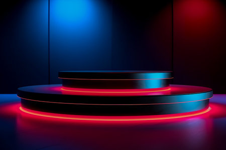 Modern background platform with blue podium. stand show cosmetic product. Generative AIの素材