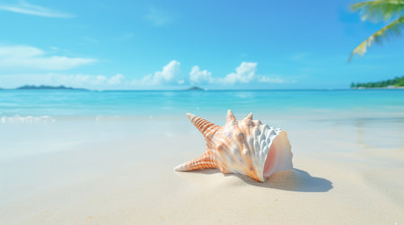Landscape with shells on tropical beach. Generative AIの素材