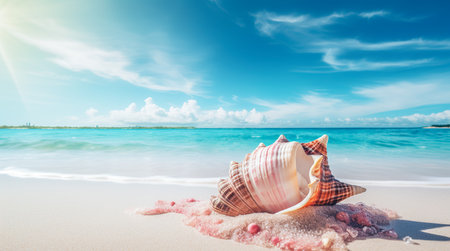 Landscape with shells on tropical beach. Generative AIの素材