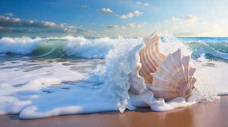 Landscape with shells on tropical beach. Generative AIの素材