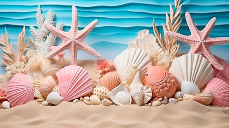 Landscape with shells on tropical beach. Generative AIの素材