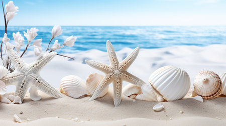 Landscape with shells on tropical beach. Generative AIの素材