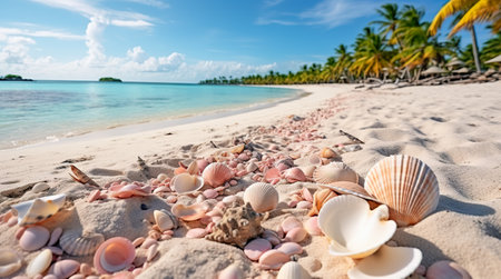 Landscape with shells on tropical beach. Generative AIの素材