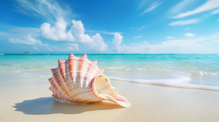 Landscape with shells on tropical beach. Generative AIの素材