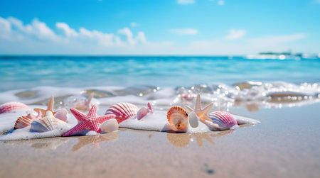 Landscape with shells on tropical beach. Generative AIの素材