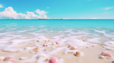 Landscape with shells on tropical beach. Generative AIの素材