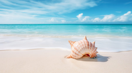 Landscape with shells on tropical beach. Generative AIの素材